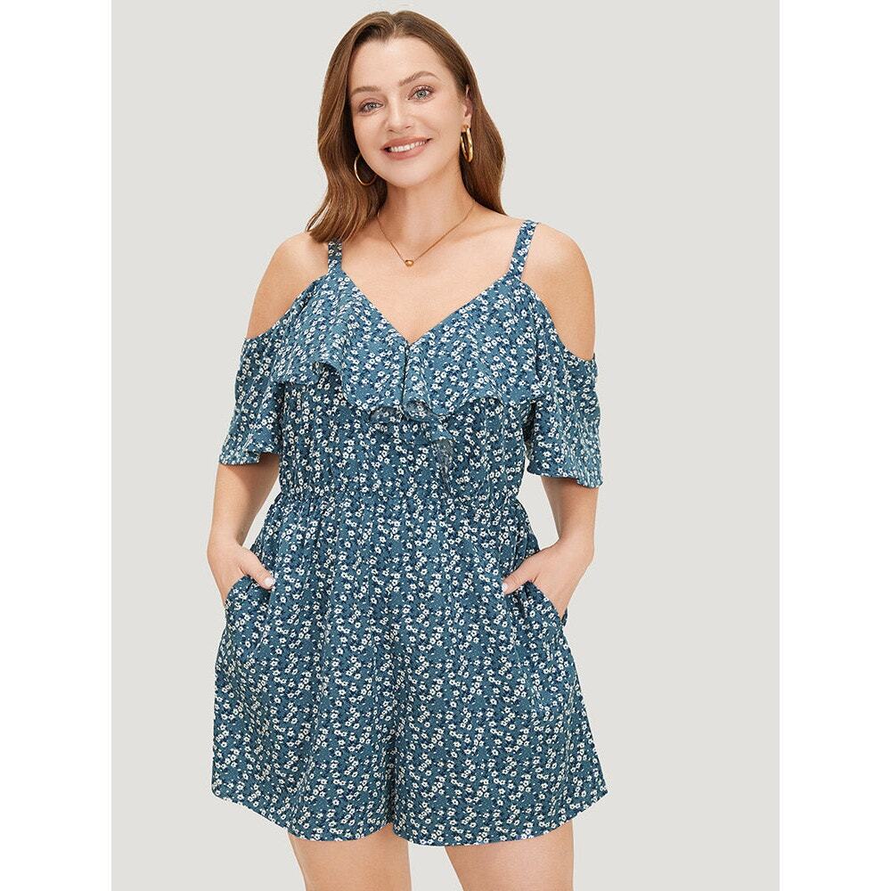 🌟Bloom Chic Ditsy floral pocket ruffle cold shoulder romper